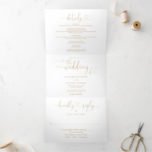 All In One Heart Script Gold Wedding Tri_Fold Invitation
