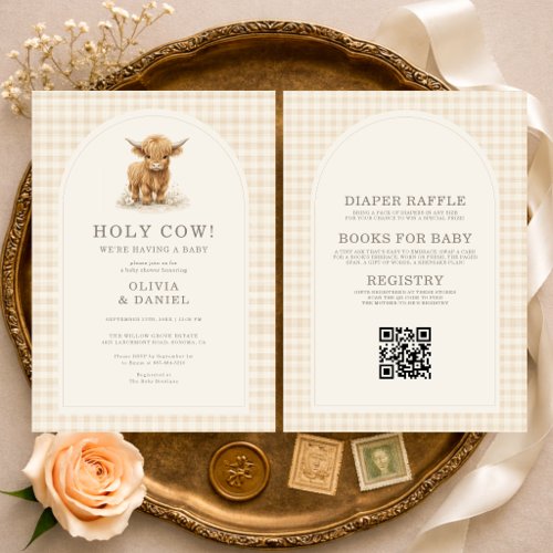 Highland Cow Neutral Gingham or plaid baby shower invitation