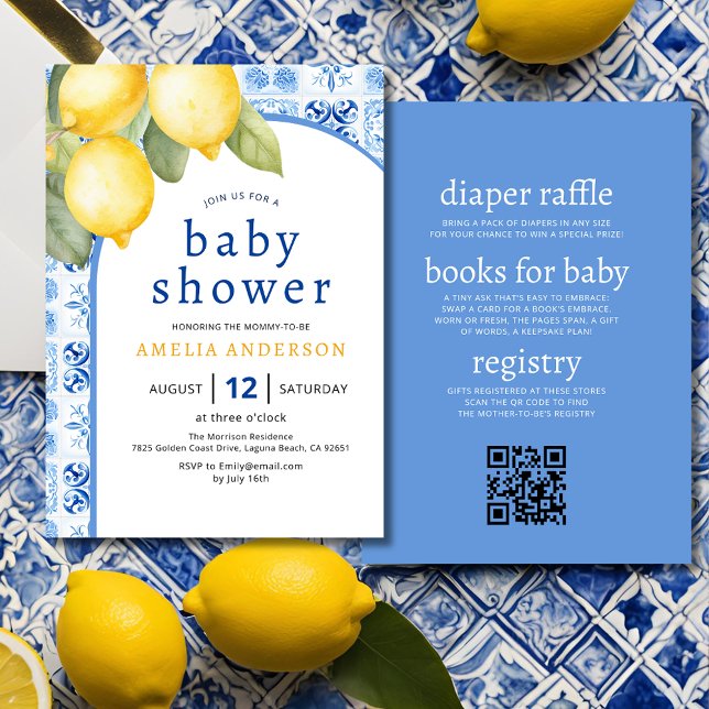 All in One Italian Blue Tiles Lemon Baby Shower Invitation (Creator Uploaded)