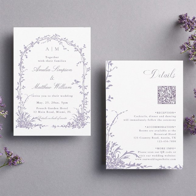 All in One Lavender Botanical Arch Garden Wedding  Invitation (Front & Back)
