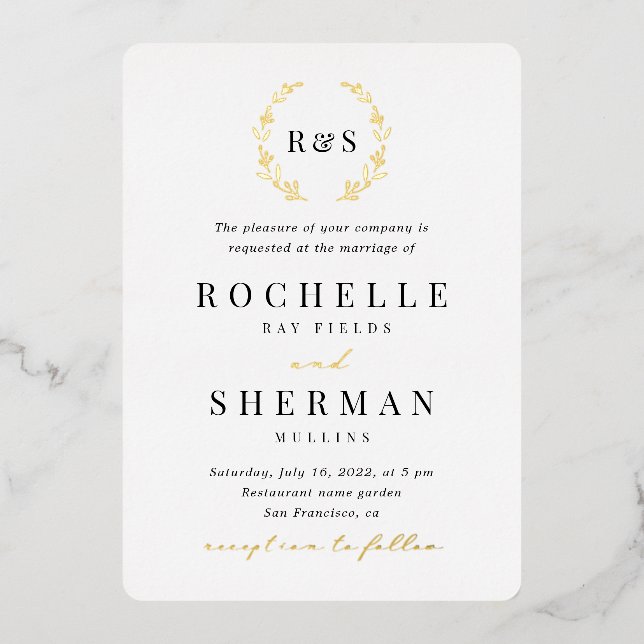 All in One Leaf Monogram Gold Foil Wedding  Invitation (Front)