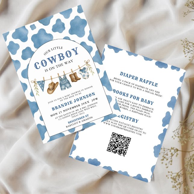 All in One Little Cowboy Blue QR Code Baby Shower Invitation (Creator Uploaded)