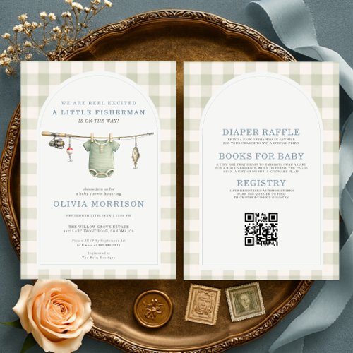 Fishing Terracotta Gingham or plaid baby shower invitation
