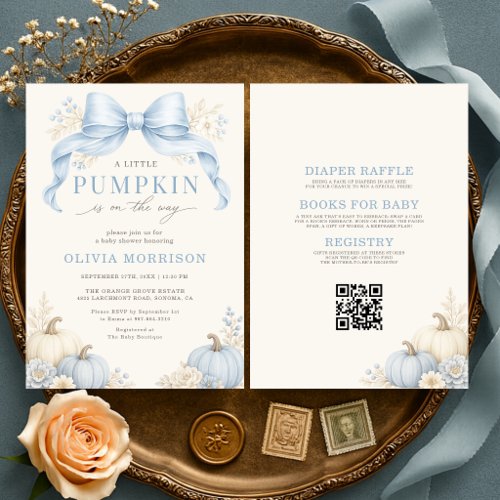 Fall Little Pumpkin Blue baby shower invitation