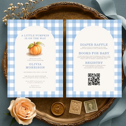 All in One Little Pumpkin Blue Gingham Baby Shower Invitation