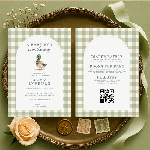 Mallard Duck Sage green Gingham or plaid baby shower invitation