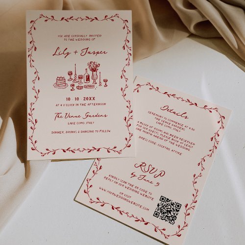 All In One Maroon Hand Drawn Wedding Invitation