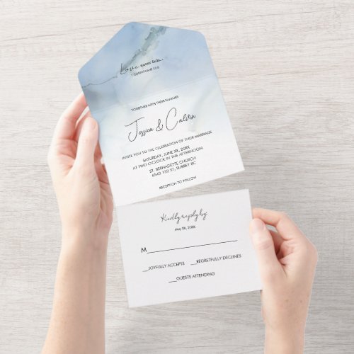 All In One Minimal Blue And White Wedding Invite