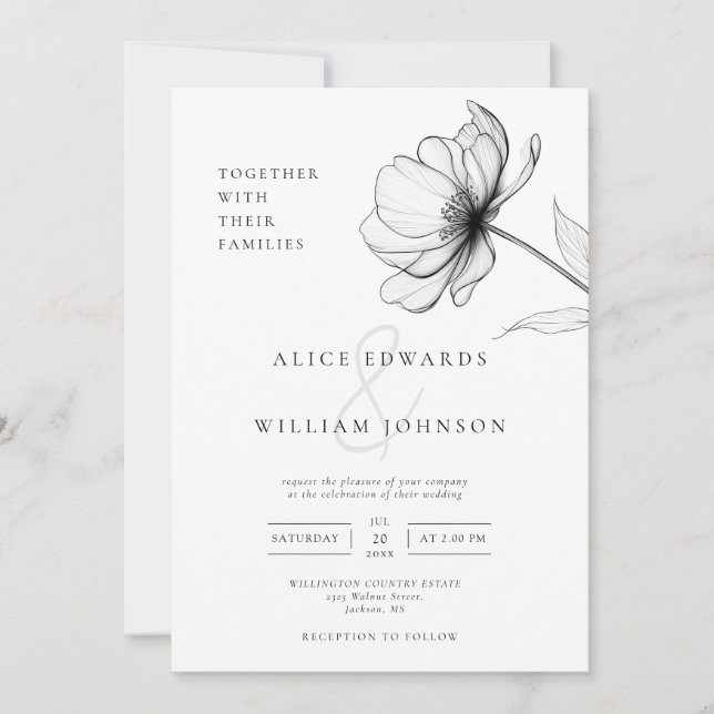All In One Minimalist Elegant Chic Floral Wedding Invitation (Front)