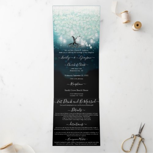 All In One Mint Blush Blue Heart Leaf Wedding Tri_Fold Invitation