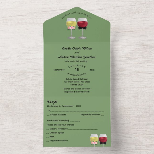 All in One Modern Boho Arch Couple Wine Wedding Invitation (Inside)