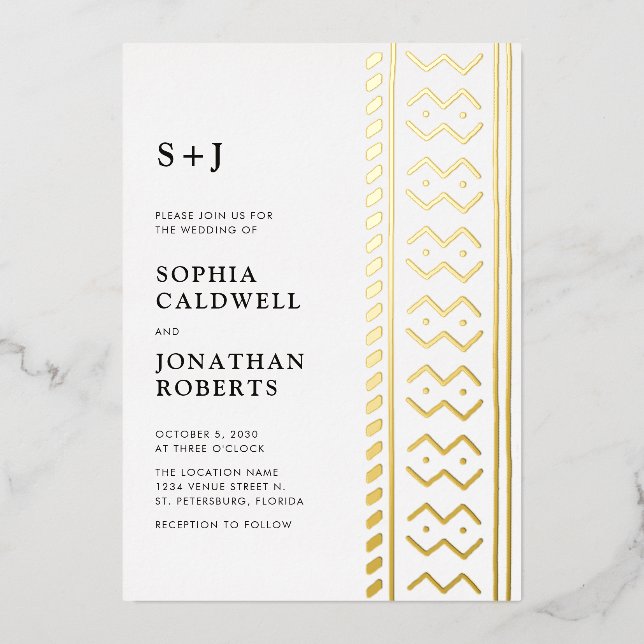 All in One Modern Boho Mudcloth Monogram Wedding Foil Invitation (Front)