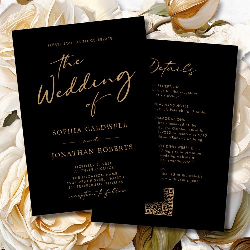 All in One Modern Calligraphy Gold Black Wedding Invitation