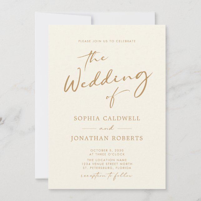 All in One Modern Calligraphy Gold Cream Wedding Invitation (Front)