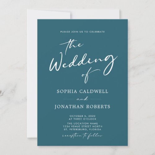 All in One Modern Calligraphy Teal Blue Wedding Invitation
