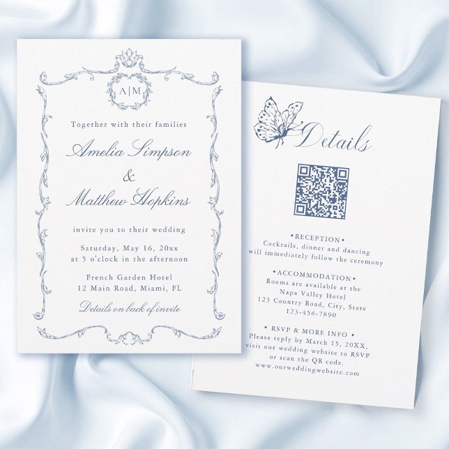 All in One Modern Classic French Wedding Blue Invitation (Front & Back)