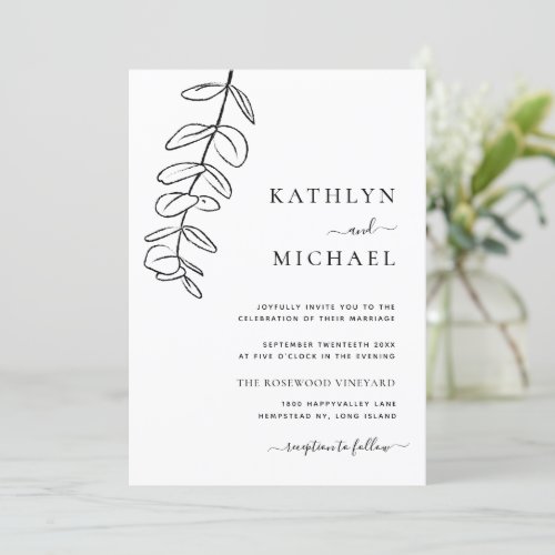 All In One Modern Eucalyptus Line Art Wedding Invitation