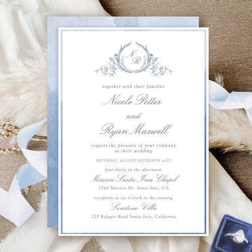 All_In_One Monogram Dusty Blue Watercolor Wedding Invitation