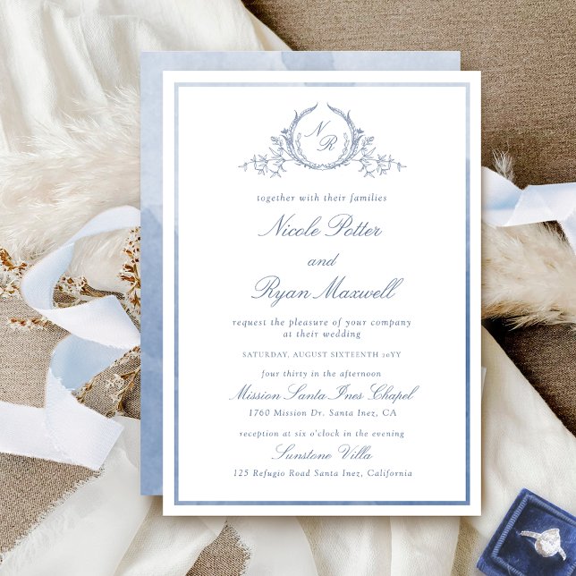 All-In-One Monogram Dusty Blue Watercolor Wedding Invitation (Creator Uploaded)