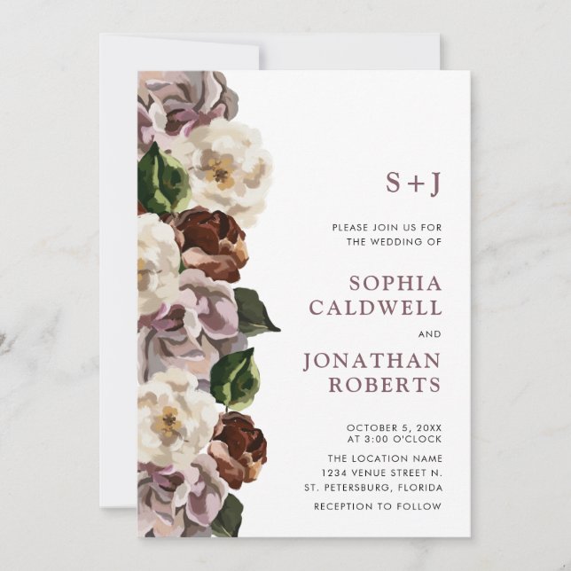All in One Monogram Moody Floral Border Wedding Invitation (Front)