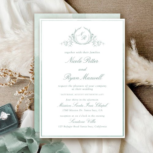 All_In_One Monogram Pale Green Watercolor Wedding Invitation