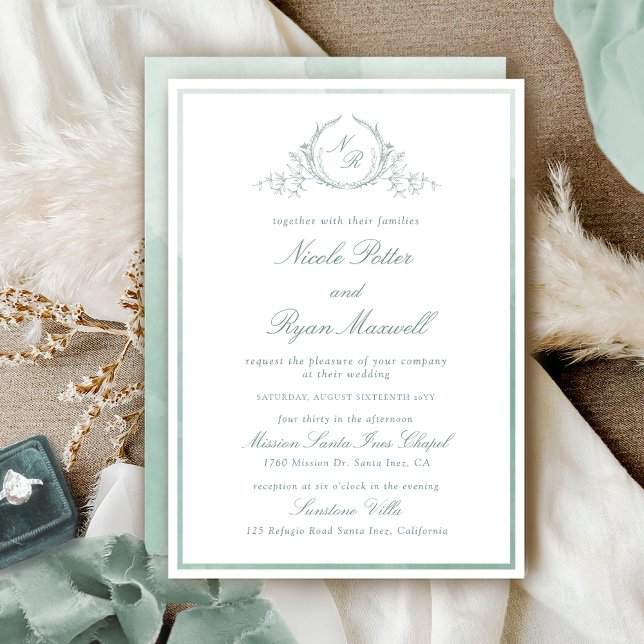 All-In-One Monogram Pale Green Watercolor Wedding Invitation (Creator Uploaded)