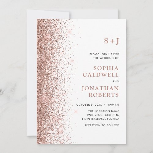 All in One Monogram Rose Gold Glitter Wedding Invitation