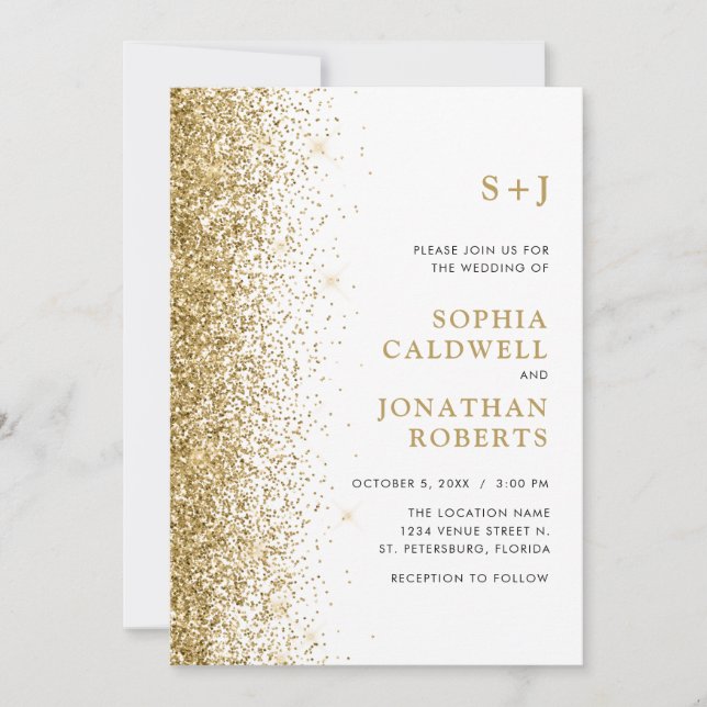 All in One Monogram Sparkly Gold Glitter Wedding Invitation (Front)