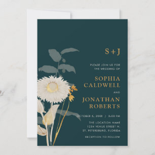 All in One Monogram Vintage Floral Teal Wedding Invitation