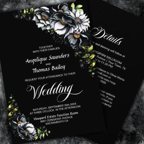 All In One Moody Black Floral Wedding Invitation