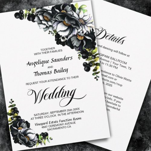 All In One Moody Black Floral White Wedding Invitation