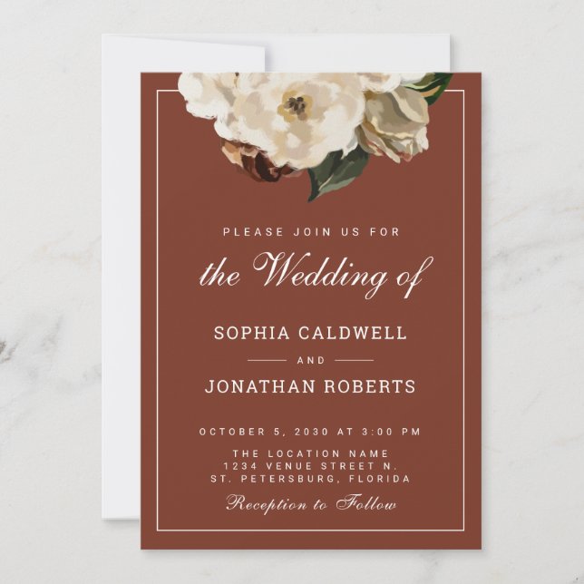 All in One Moody Floral Terracotta Wedding Invitation (Front)