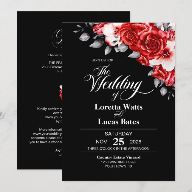 All In One Moody Red Rose Floral Black Wedding Invitation (Front/Back)
