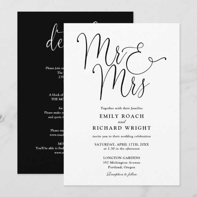 All In One Mr And Mrs Chic Black And White Wedding Invitation (Front/Back)