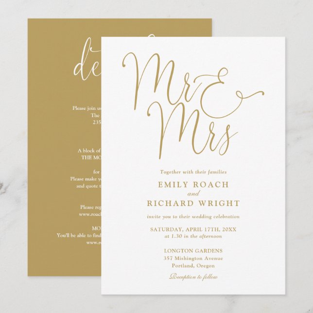 All In One Mr And Mrs Elegant Gold Wedding Invitation (Front/Back)