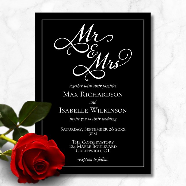 All in One Mr Mrs Black and White Wedding  Invitation (Chic minimalist black and white wedding invitation, mr and mrs elegant script calligraphy typography)