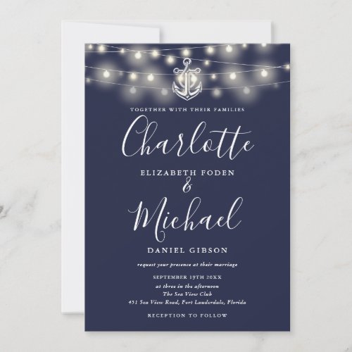 All In One Nautical String Lights Navy Wedding Invitation