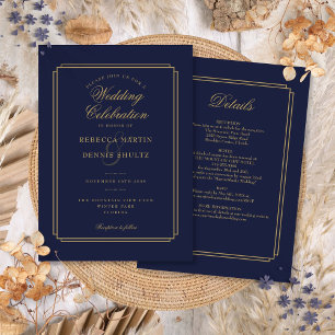 All In One Navy Blue and Gold Art Deco Wedding Invitation