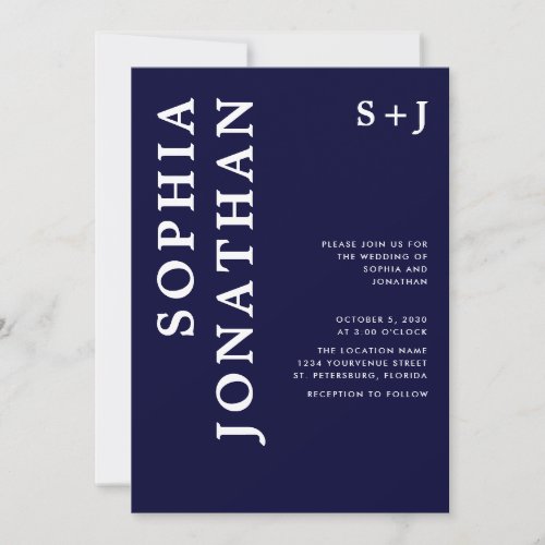 All in One Navy Blue Bold Typography Wedding Invitation