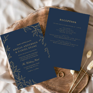 All in One Navy Blue Gold Minimal Leaf Wedding  Invitation