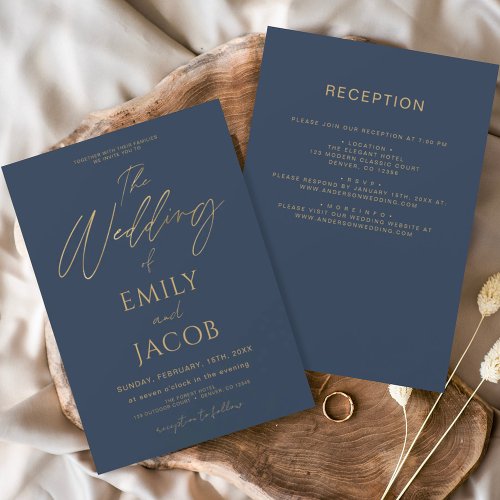 All in One Navy Blue Gold Wedding Elegant Script Invitation