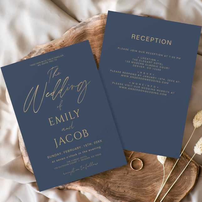 All in One Navy Blue Gold Wedding Elegant Script Invitation (Creator Uploaded)