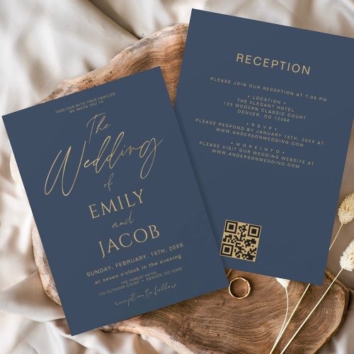 All in One Navy Blue Gold Wedding QR Code Script Invitation