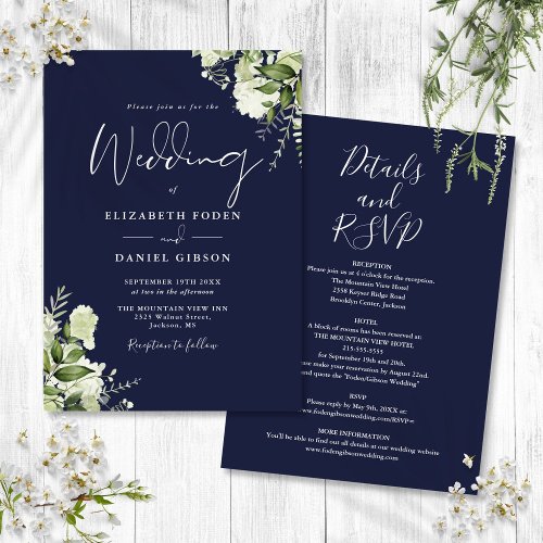 All In One Navy Blue Greenery Floral Wedding Invitation