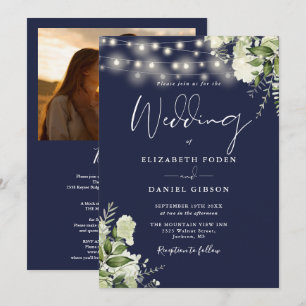 All In One Navy Blue Greenery Light Photo Wedding Invitation