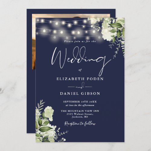 All In One Navy Blue Greenery Light Photo Wedding Invitation