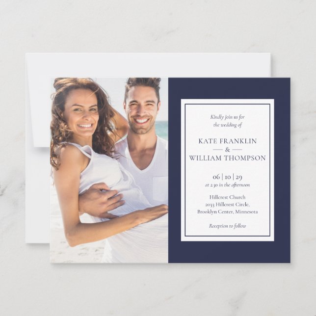 All In One Navy Blue Photo Wedding Invitation (Front)