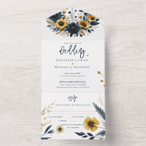 All in One Navy Yellow Gold Floral Wedding Rsvp All In One Invitation
