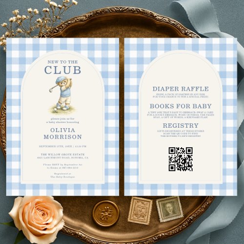 All in One New to Club Golf Bear Blue Baby Shower Invitation