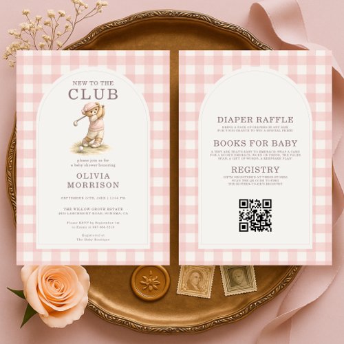 Golf Pink Gingham or plaid baby shower invitation